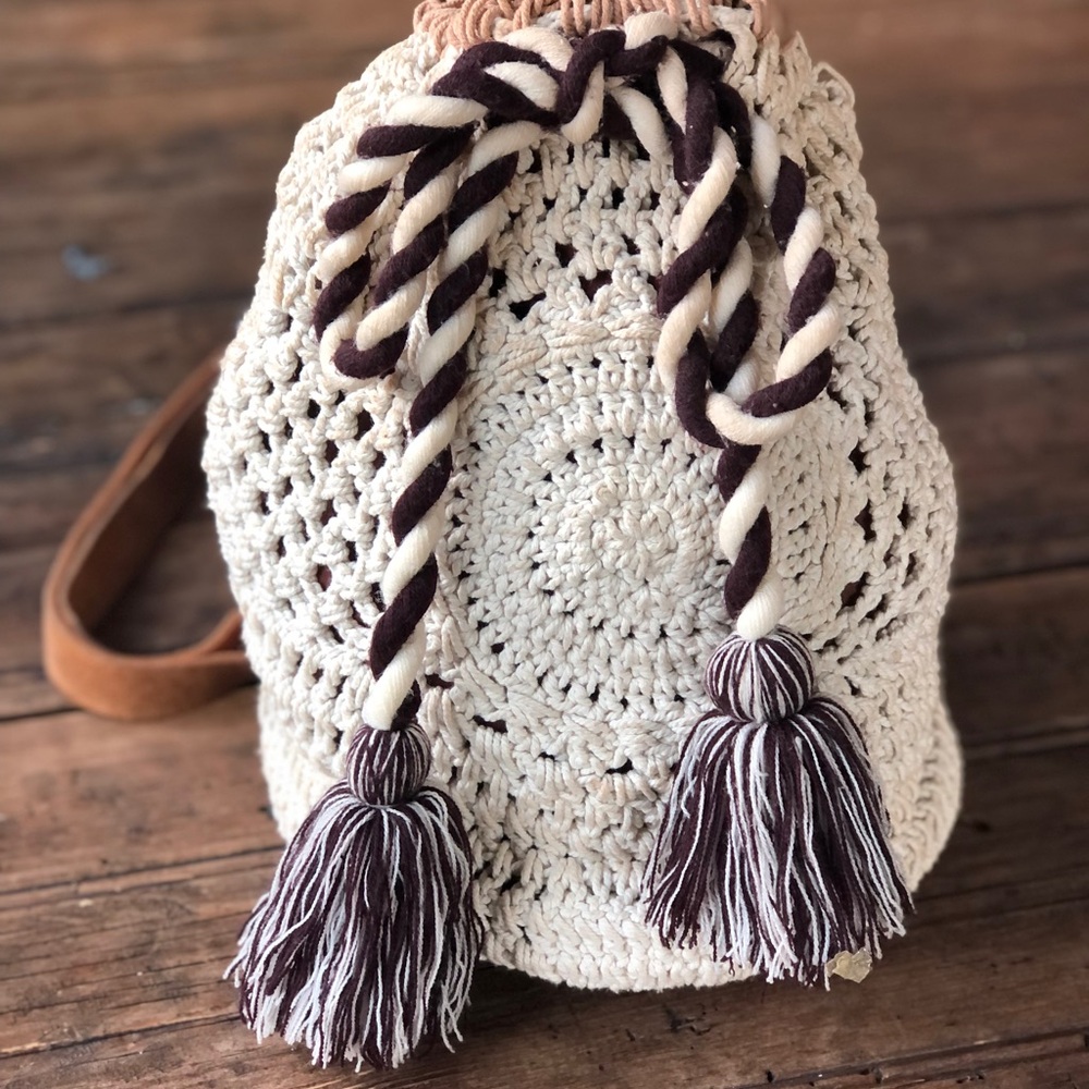 Hand-Crocheted Cream Drawstring Bucket Bag with Brown Tassels